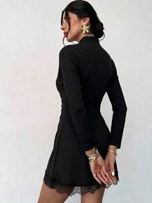 New Elegant Fashion Women's Mini Dress, Suitable For Business Or Casual Wear, Decorated With Ruffles And Lace Trim, Autumn Outfit - Black - View 2