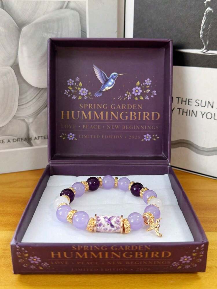 1pc Hummingbird Women's Charming Bracelet Purple Hope Beaded Elastic Bracelet Exquisite Spring Garden Jewelry Gift, Perfect For Gifting - Purple - View 6