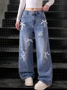 Girls' Distressed Wide Leg Jeans With Bow Decor, Elastic Waist Loose Fit Denim Pants, Casual Streetwear Back To School Outfit, Autumn/Winter - Medium Wash - View 3