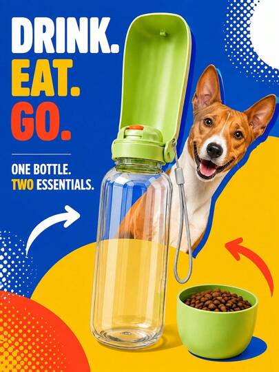 1pc 2-In-1 Portable Pet Water Bottle, Transparent Dog Travel Water Cup With Detachable Screw-On Food Bowl, One-Click Water Dispenser, Leak-Proof Lid And Portable Wrist Strap, Dual Use For Drinking And Feeding, Suitable For Cats And Dogs, Ideal For Dog Walking, Strolling, Traveling, Driving, Hiking, Camping, Beach And Outdoor Pet Feeding And Travel Supplies