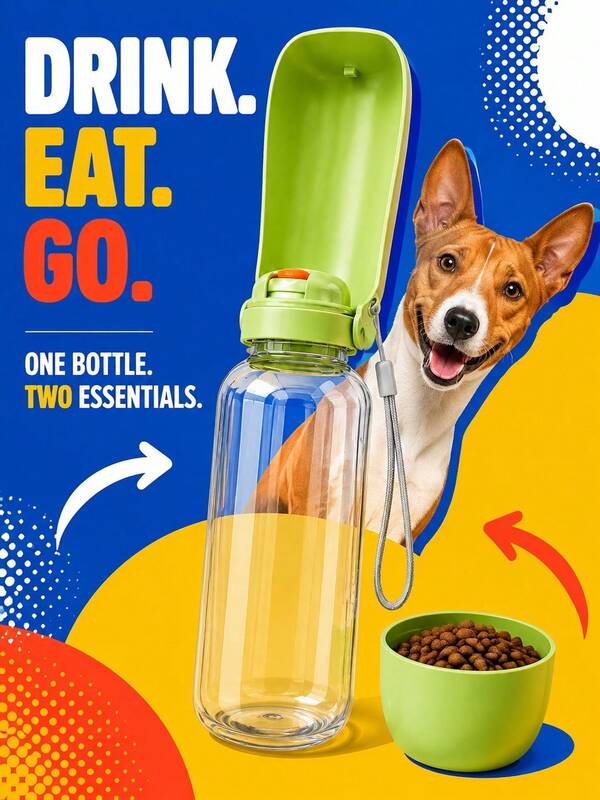 1pc 2-In-1 Portable Pet Water Bottle, Transparent Dog Travel Water Cup With Detachable Screw-On Food Bowl, One-Click Water Dispenser, Leak-Proof Lid And Portable Wrist Strap, Dual Use For Drinking And Feeding, Suitable For Cats And Dogs, Ideal For Dog Walking, Strolling, Traveling, Driving, Hiking, Camping, Beach And Outdoor Pet Feeding And Travel Supplies
