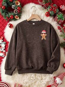 1pc Teen Girl Crew Neck Sweatshirt, Printed With Cartoon Gingerbread Man Pattern, Christmas Style Design, Comfortable Autumn/Winter Top - Brown - View 3