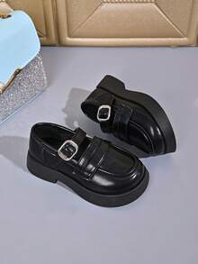 Girls' One-Strap Loafers, Simple Beige Thick Sole Non-Slip Versatile Casual Shoes - Black - View 4