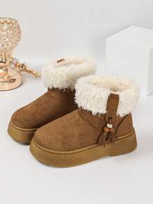 1 Pair Women's Round Toe Winter Ankle Boots, Camel Tassel Bead Decor Platform Boots - Camel - View 6