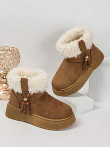 1 Pair Women's Round Toe Winter Ankle Boots, Camel Tassel Bead Decor Platform Boots - Camel - View 7