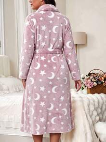 Plus Size Women's V-Neck Long Sleeve Flannel Thickened Robe, Casual Star & Moon Pattern With Belt, Long Robe Loungewear For Autumn/Winter - Dusty Pink - View 2