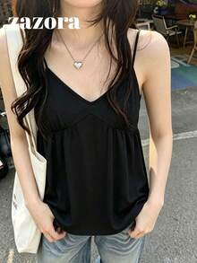 韓式休閒寬鬆V領女款細肩帶背心，夏季時尚百搭無袖黑色背心 - 黑色 - 查看 4