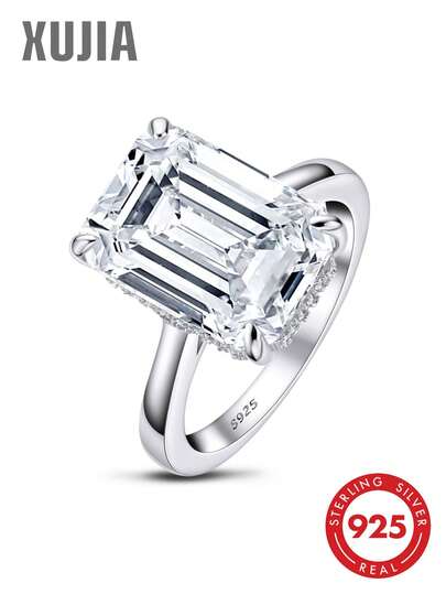 XUJIA 1pc Hidden Halo 6 Carat Emerald Cut CZ Engagement Ring For Women, 925 Sterling Silver, 14x10mm 5A Cubic Zirconia, Anniversary Ring, Party Jewelry Gift