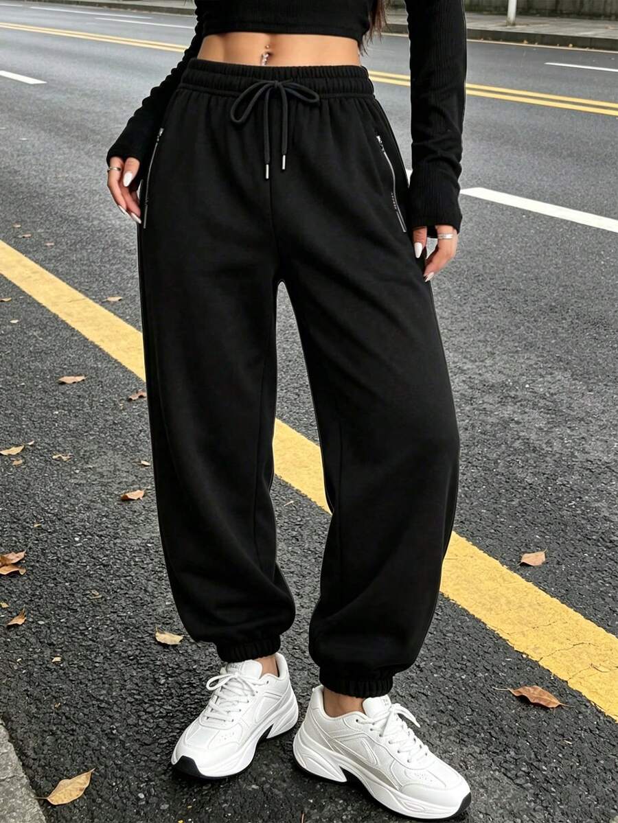 Women's Elastic Waist Drawstring Jogger Pants With Side Zipper Pockets, Casual Sporty Sweatpants For Daily Commute, Spring/Autumn Sports Black - Black - View 1