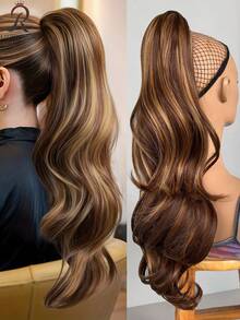 Long Loose Curly Ponytail Synthetic Clip-On Medium-Length, Suitable For Women. Dyeing With Gold, Honey And Brown Curls. 18 Inches Long. - Multicolor - View 2