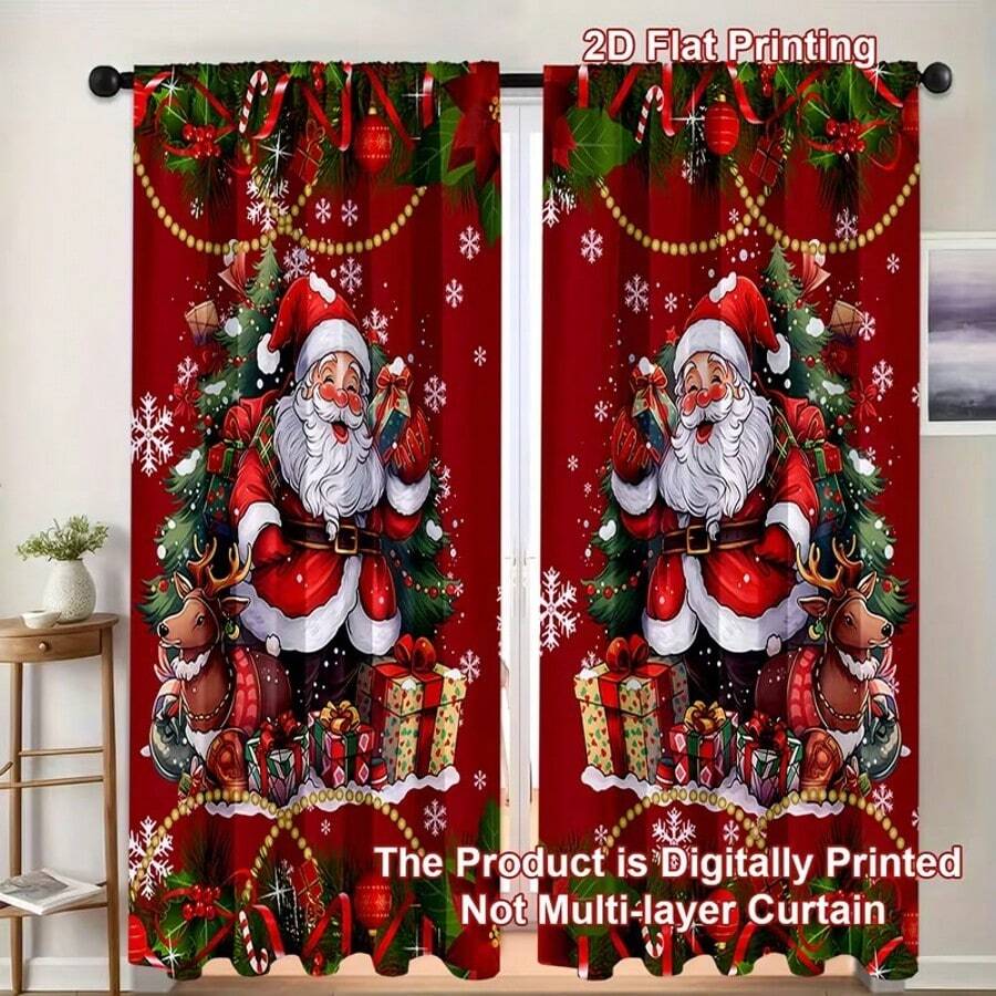2D Flachdruck Frohe Weihnachten, Weihnachtsmann, Weihnachtsbaum, Geschenkbox Muster Halbverdunkelungs-Polyester Vorhänge, 2 Stücke/Set, Stangendurchzug Stil, geeignet für Wohnzimmer und Schlafzimmer Fenster, Weihnachtsdekoration für Zuhause, 2D Flach, Weihnachtsdekorationen - Verschiedenfarbig - Übersicht 1