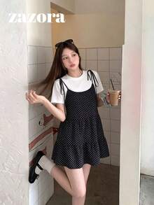 波點細肩帶背心洋裝 女款夏季韓系甜美寬鬆 A 字版層次下擺休閒優雅連身裙 - 黑色 - 查看 4