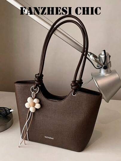 Tas Tote Rajut dengan Hiasan Liontin Bunga, Tali Bahu Panjang, Kapasitas Besar untuk Buku, Kosmetik, dan Barang Pribadi, Penutup Terbuka, Gaya Vintage Maillard, Tas Tote untuk Digantung di Bawah Lengan, Cocok untuk Wanita Bepergian, Sekolah, dan Aktivitas Sehari-hari