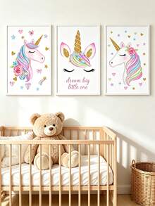 3pcs Canvas Wall Art Set, Frameless Waterproof Poster, Unicorn Rainbow Heart Star Print, Home Decor, Suitable For Children's Room Boys Girls Bedroom, Perfect Gift - Multicolor - View 2