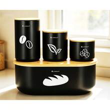 4-Piece Metal Bread Box Set With Bamboo Cutting Board Lid & 3 Kitchen Storage Canisters, Black - Black - View 4
