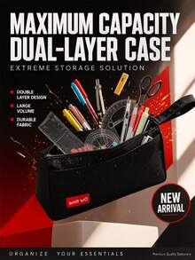 Large Capacity Canvas Pencil Case, Portable Makeup Bag, Multi-Functional Stationery And Cosmetic Organizer Bag, Durable Fabric With Front Pocket And Handle, Suitable For School, Office, Travel And Daily Use, Minimalist Solid Color Design Gift - Multicolor - View 2