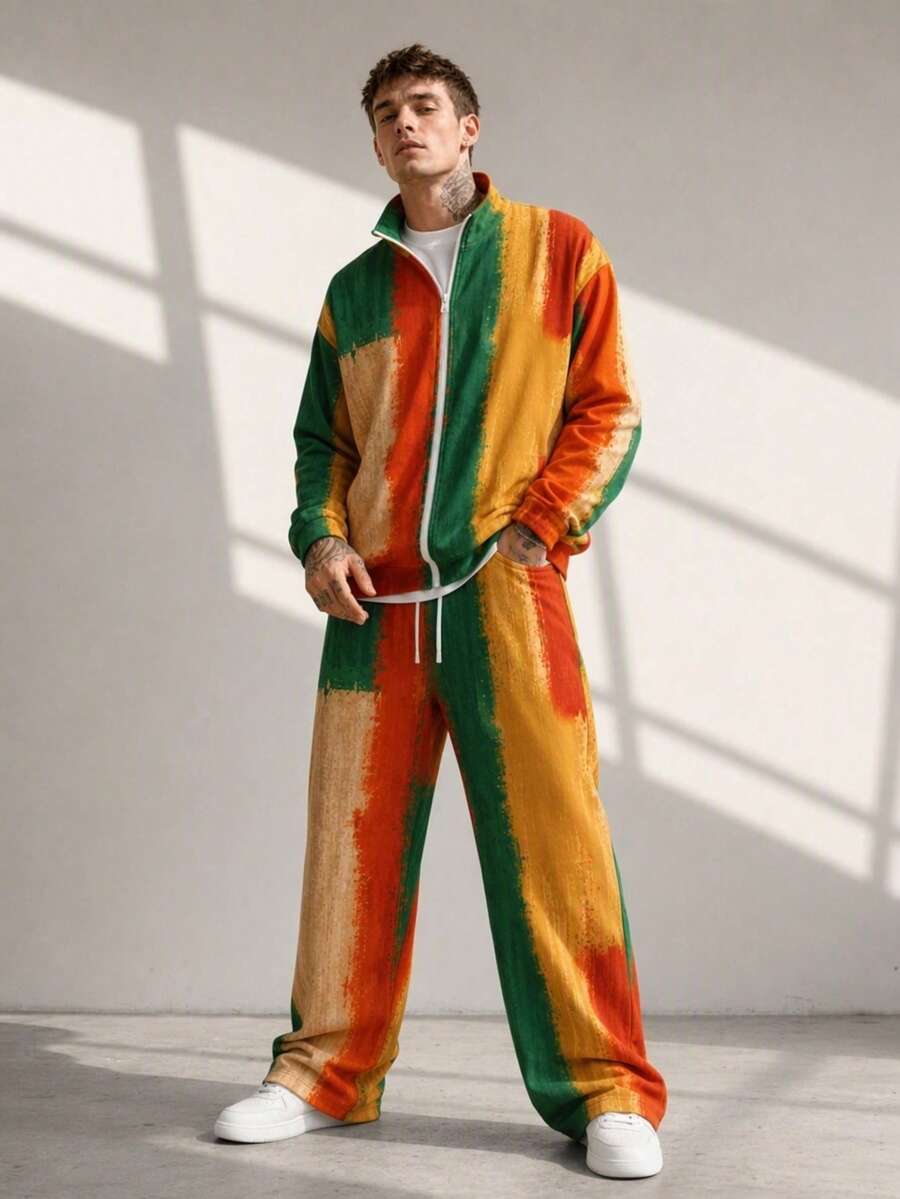 Men's Autumn/Winter 2 Pieces Set, Green Orange Yellow Zipper Hoodie Jacket & Wide Leg Pants - Multicolor - View 1