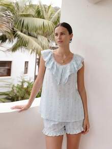 2pcs Set, Women's Blue, Backless, Floral, Tie-Up, Lace Patchwork, Ruffle, Sleeveless Top, Pajama Set, Loungewear Set - Baby Blue - View 2