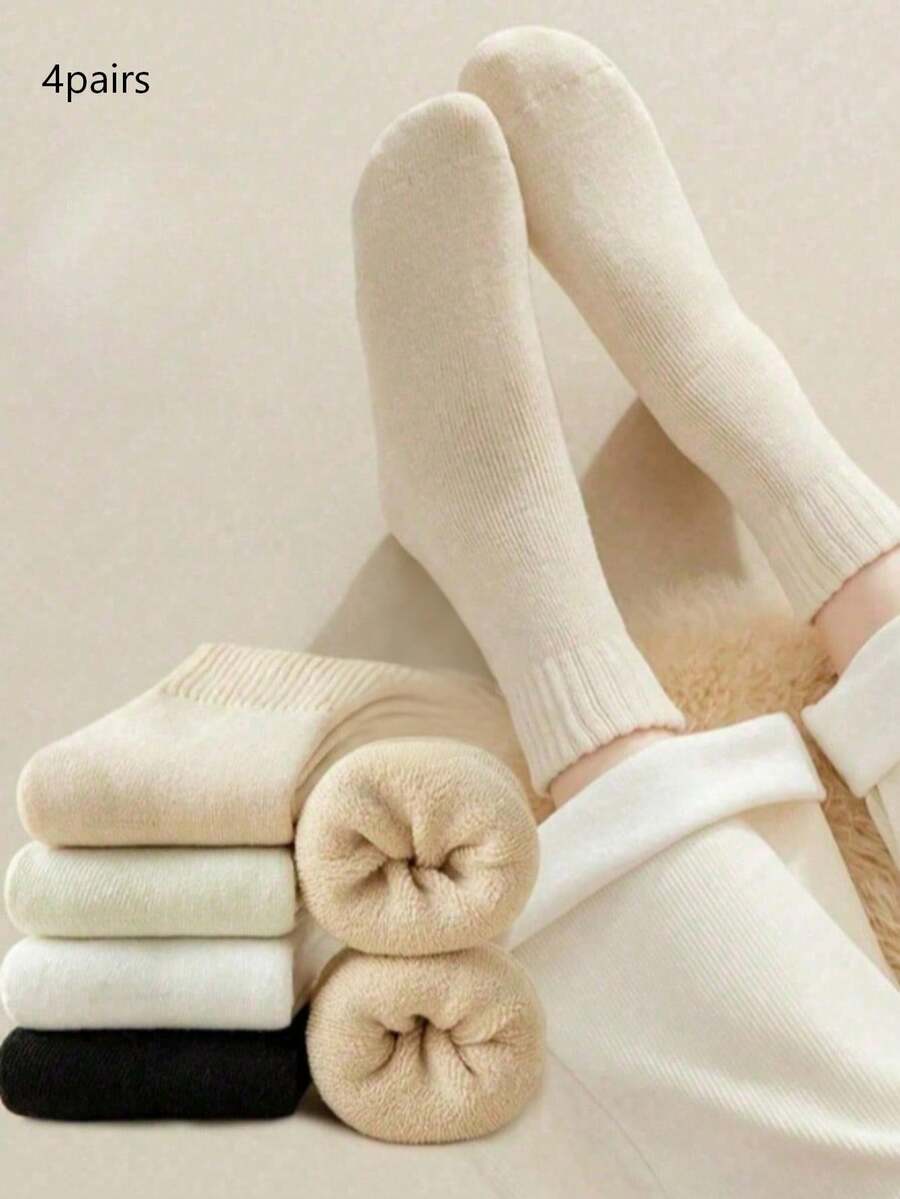 4 Pairs Women's Warm Thick Wool Blend Mid-Calf Socks, Winter Christmas Gift (Batch Difference May Occur, Color May Vary, Subject To Actual Product) - Multicolor - View 1