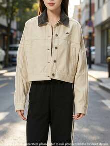 Adidas Originals Women's Sports Jacket P ESS TT Casual Colorblock Turn-Down Collar Canvas Short Jacket KE1069 - Grey Stone Khaki Brown - View 1