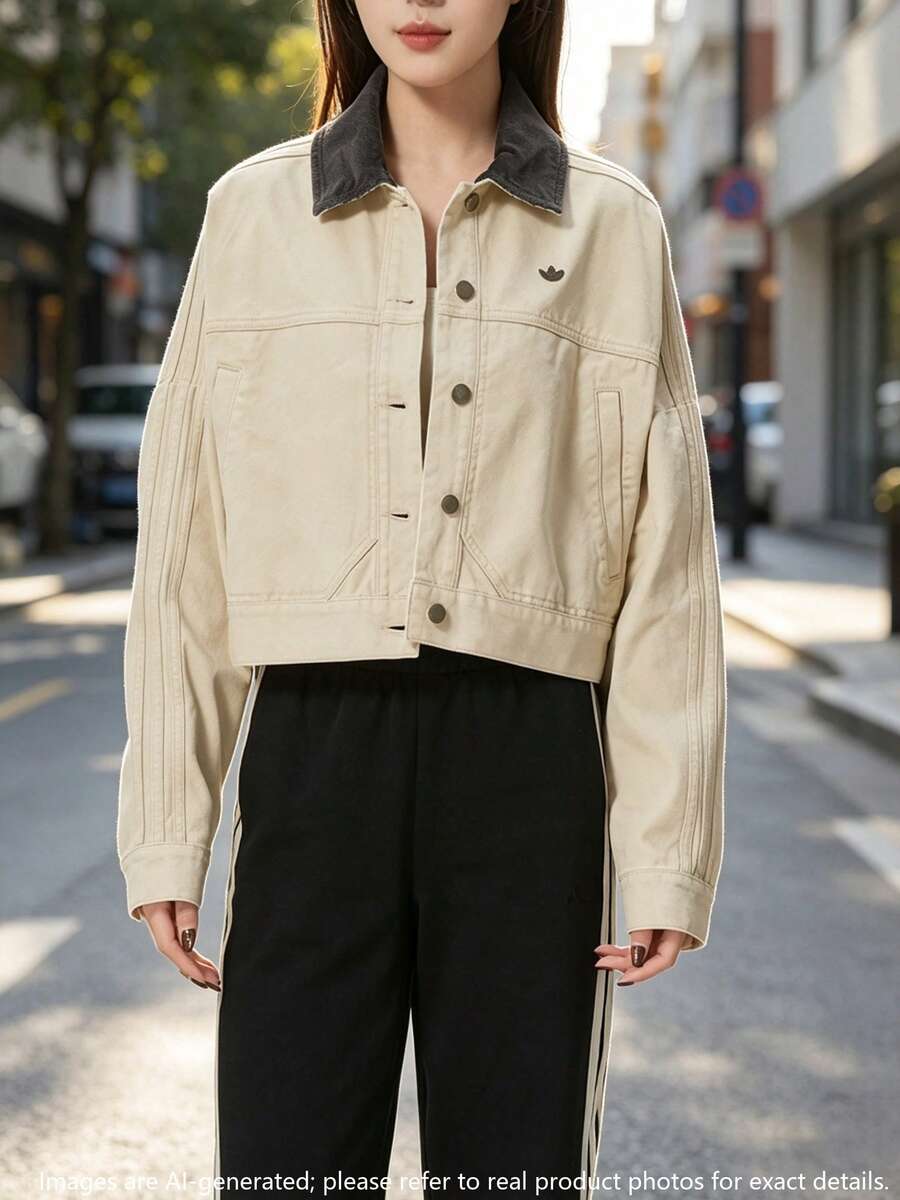 Adidas Originals Women's Sports Jacket P ESS TT Casual Colorblock Turn-Down Collar Canvas Short Jacket KE1069 - Grey Stone Khaki Brown - View 1