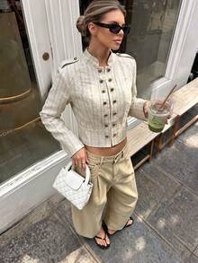 Stand Collar Gold Button Shoulder Epaulette Design Striped Texture Short Jacket, Elegant Long Sleeve Slim Fit Short Women's Outerwear - Apricot - View 4