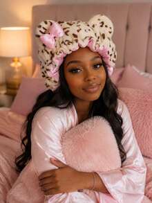 Women Leopard Print Plush Sleep Bonnet With Bear Ears & Bow, Satin Lined Thick Hair Bonnet, Ruffle Edge Night Hair Cap For Hair Care, Holiday Gift - Multicolor - View 8