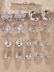 NAIZHU 3/9 Pairs Combination Kids European & American Fashion Metal Water Drop Flower Geometric Earrings Set, Suitable For Daily Wear And Party Accessories - Silver - View 8