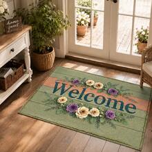 1pc Green Wooden Board Welcome Floral Pattern Printed Faux Cashmere Kitchen Mat, Absorbent Kitchen Rug, Kitchen Carpet, Long Runner Mat, Sink Front Mat, Suitable For Kitchen, Bathroom, Entryway, Hallway, Laundry Room And Home Decor - Multicolor - View 1