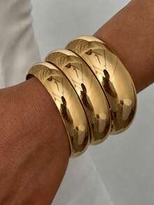 3pcs/Set Fashionable Personalized Hip-Hop Glossy Round Bangle Set For Women, Suitable For Daily, Party, Gathering And Commuting Wear - Gold - View 3