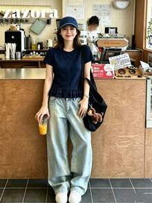 修身短版圓領短袖T恤，荷葉邊下擺日系復古女孩上衣，休閒風格 - 藏青色 - 查看 6
