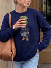 Women's Navy Blue Teddy Bear Print Knit Long Sleeve Crew Neck Pullover, Autumn Essential - Navy Blue - View 5