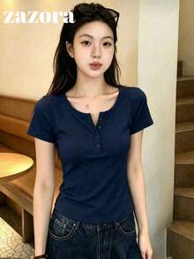 Navy Blue Thin Low Neck Short Sleeve T-Shirt Women Korean Style Fitted Cropped Top - Navy Blue - View 7