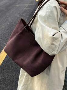 Large Tote Bag, Smooth Leather, Extended Hand Carry & Shoulder Strap, Vertical Seam Detail, Open Top Design, Soft & Casual Silhouette, Matte Frosted Texture, Large Capacity, Minimalist Style, No Extra Hardware, Gentle Feminine Aesthetic, Shoulder, Fits Books & Tablets, Commuting & Shopping - Coffee - View 5