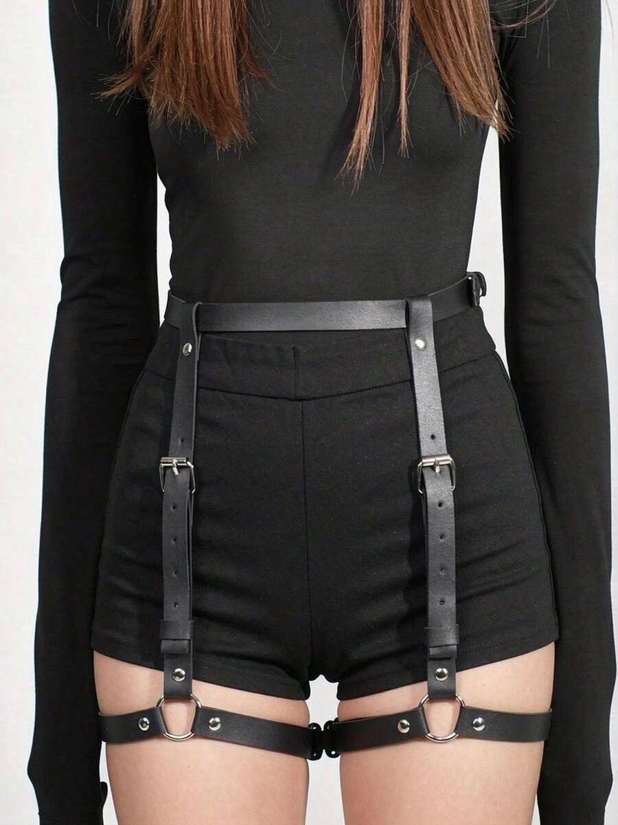 1件女款性感黑色哥德風時尚腿部束帶，適合夜店、舞蹈、暗黑風格或派對個性穿搭