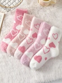 2/4 Pairs White And Pink Fuzzy Women's Mid-Calf Socks, Heart Pattern Warm Socks, Soft And Comfortable, Random Color - Multicolor - View 7