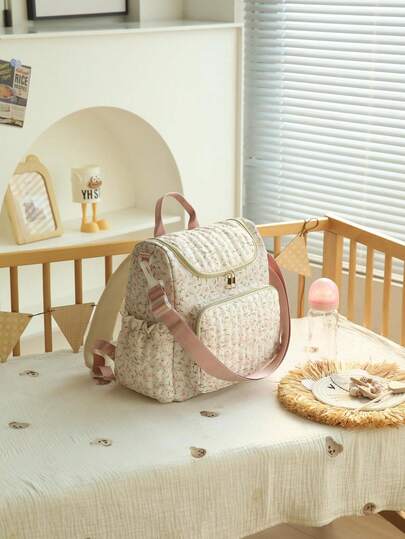 1pc Ditsy Floral Multi-Functional Large Capacity Diaper Bag Backpack, Can Be Hung On Stroller, Baby Shower Gift