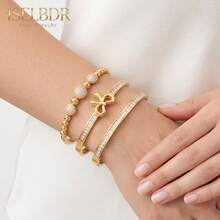 3pcs/Set 18K Gold Plated Stainless Steel Bangle Set For Women, Luxury Sparkling Zirconia Stackable Cuff Bracelets, Waterproof Non-Tarnish Jewelry - Multicolor - View 3
