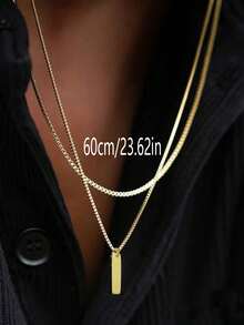 2pcs Simple Stainless Steel 18K Gold Plated Double-Layer Rectangular Pendant Necklace, Festive Gift For Back To School Season - Gold - View 6