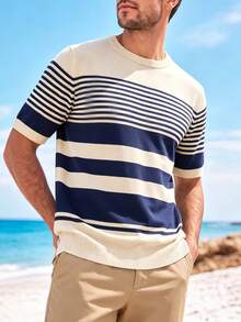 Men's Casual Beach Style Comfortable Striped Crew Neck Versatile Short Sleeve Top - Navy Blue - View 4