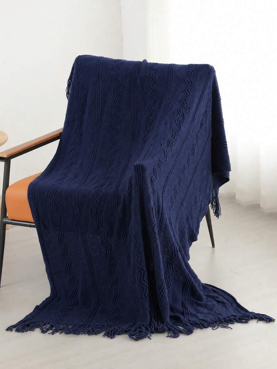1pc Wavy Pattern Blanket, Nordic Style Acrylic Rectangle Tassel Solid Color Sofa Cover Blanket, Bedding Decor Throw Rug, Nap Blanket, Knitted Blanket - Vertical Stripes With Three Bends, Dark Blue - View 1