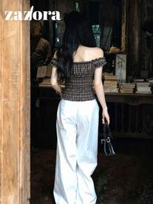 Korean Style Cold Shoulder Plaid Bow Top, Textured Short Petal Sleeve Cinched Waist Summer Blouse - Black and Brown Stripes - View 2
