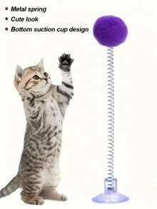 1pc Cat Interactive Training Toy Interactive Cat Toy - Plush Ball, Metal Spring Rod And Suction Cup Base | Durable Design Stimulates Hunting Instinct, Multi-Color Realistic Hunting Toy - Cat Interactive Toy, Indoor Cat Entertainment, Random Color, Happy Cat Toy, Cat Toy - Pet Toy - Pet Supplies - Perfect Gift - Multicolor - View 5