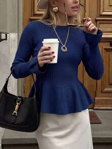Women's Ribbed Knit Ruffle Trim Sweater, Long Sleeve Pullover, Medium Stretch Flared Hem, Suitable For Autumn/Winter Wear Fall - Navy Blue - View 9