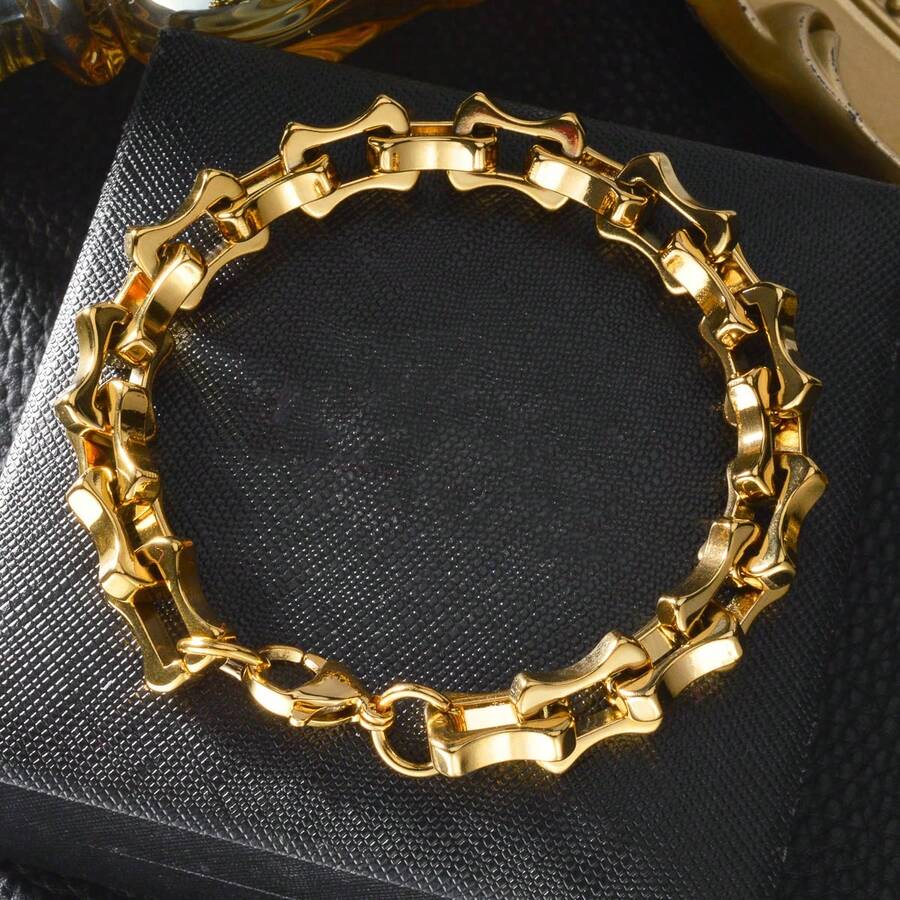 Men Thick Hip-Hop Style 18K Gold-Plated Smooth Bamboo Bracelet, Personalized Street Accessory Jewelry, Suitable For Daily Party Wear - Gold - View 1