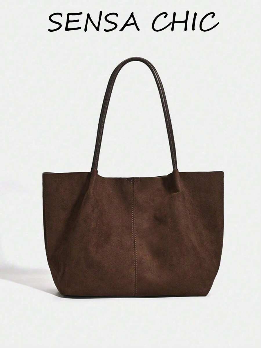 Large Tote Bag, Smooth Leather, Extended Hand Carry & Shoulder Strap, Vertical Seam Detail, Open Top Design, Soft & Casual Silhouette, Matte Frosted Texture, Large Capacity, Minimalist Style, No Extra Hardware, Gentle Feminine Aesthetic, Shoulder, Fits Books & Tablets, Commuting & Shopping - Coffee - View 1