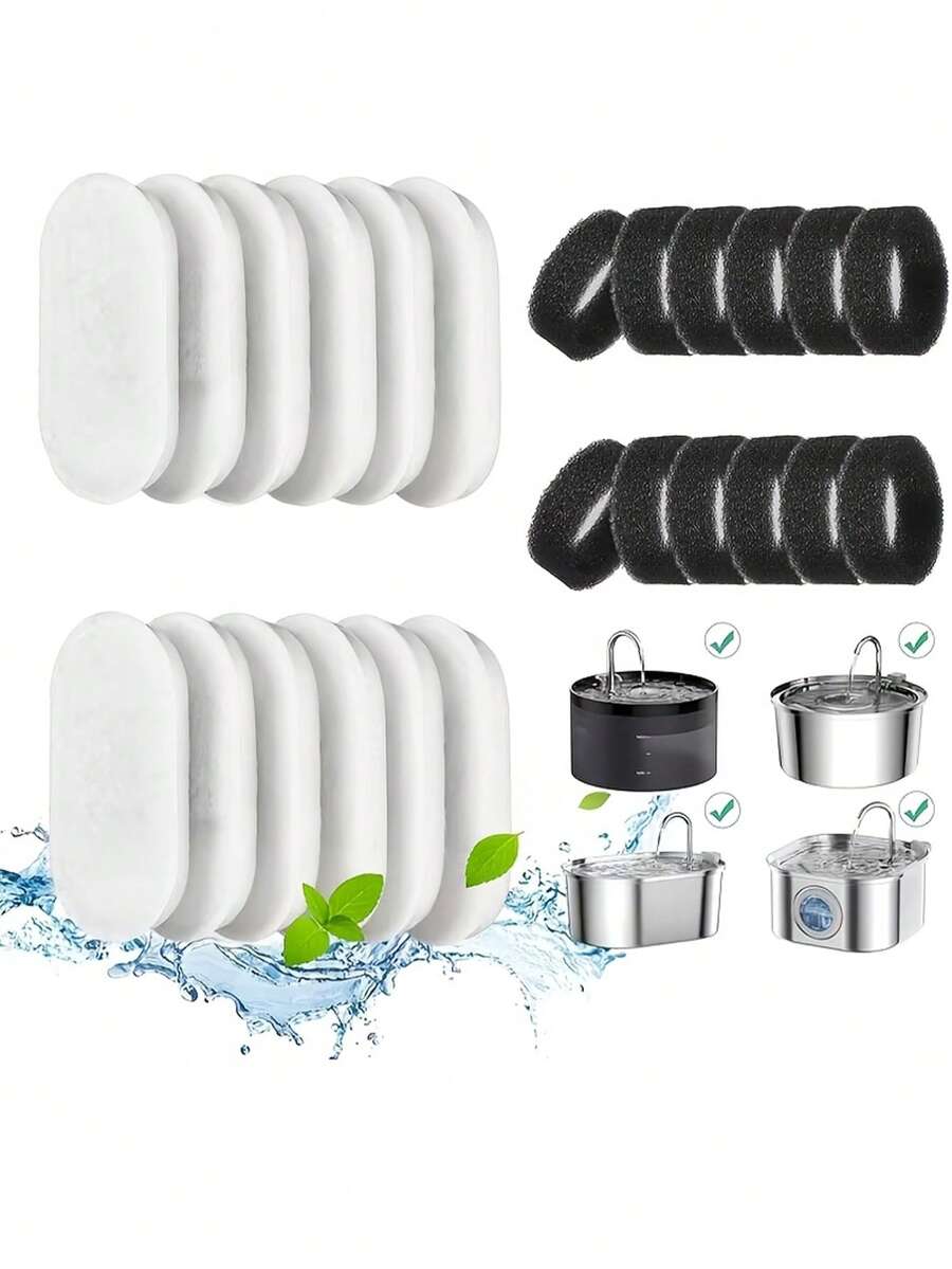 Pet Water Fountain Replacement Filter Cartridge, Activated Carbon Filter Pad And Pre-Filter Sponge Set, Compatible With Various Stainless Steel Pet Water Fountain Filter Accessories - Multicolor - View 1