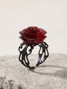 1pc Gothic Red Rose Ring, Victorian Vintage Filigree Adjustable Finger Ring, Dark Alternative Personalized Jewelry Gift For Women - Multicolor - View 6