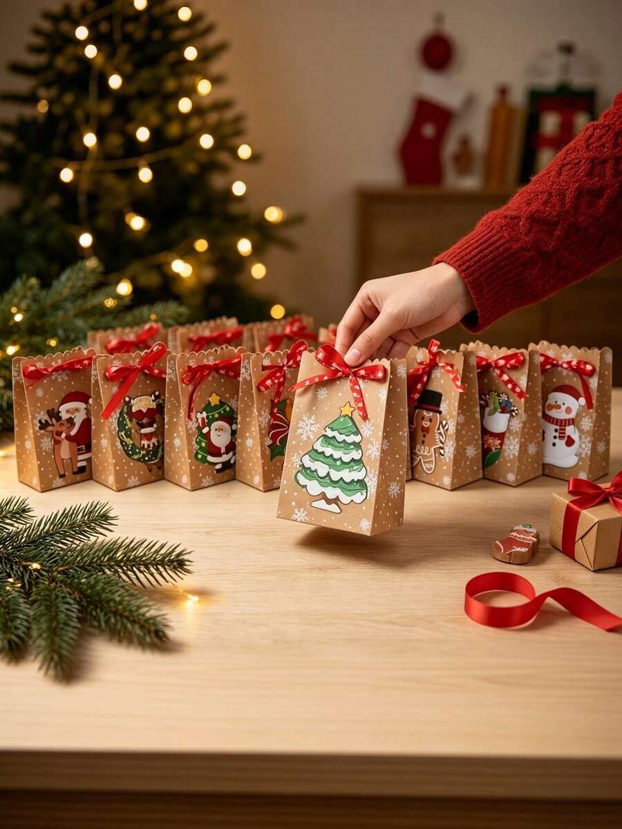 24pcs Christmas Kraft Paper Gift Boxes With Red Ribbon, Small Christmas Paper Gift Boxes, 6/8 Holiday Patterns Available (Santa Claus, Snowman, Gingerbread Man, Reindeer, Bell), Winter Party Favor Bags, Suitable For Classroom Gift Exchange Decoration, Holiday Gift Packaging Boxes
