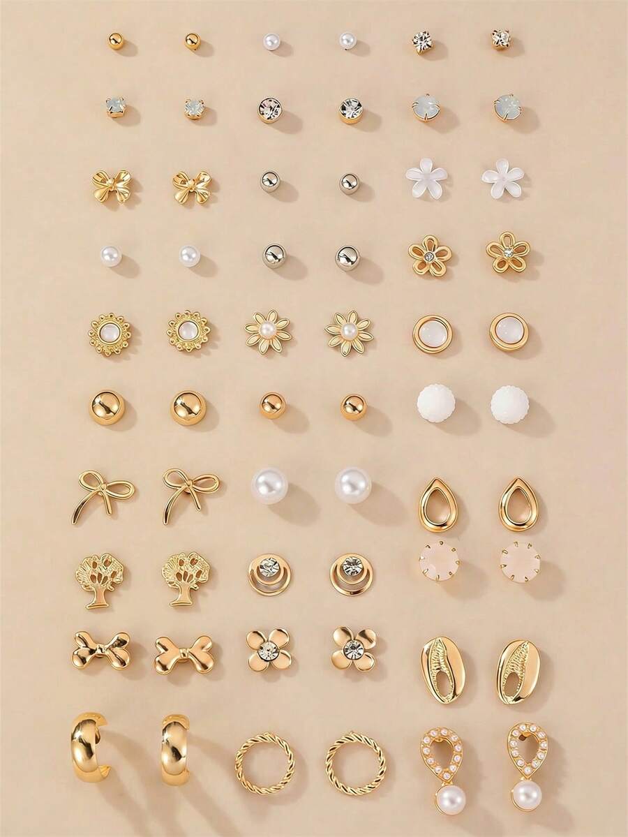 NAIZHU 30對兒童時尚甜美蝴蝶結仿珍珠花朵水鑽耳釘金屬飾品套組,女孩禮物 - 金色 - 查看 1